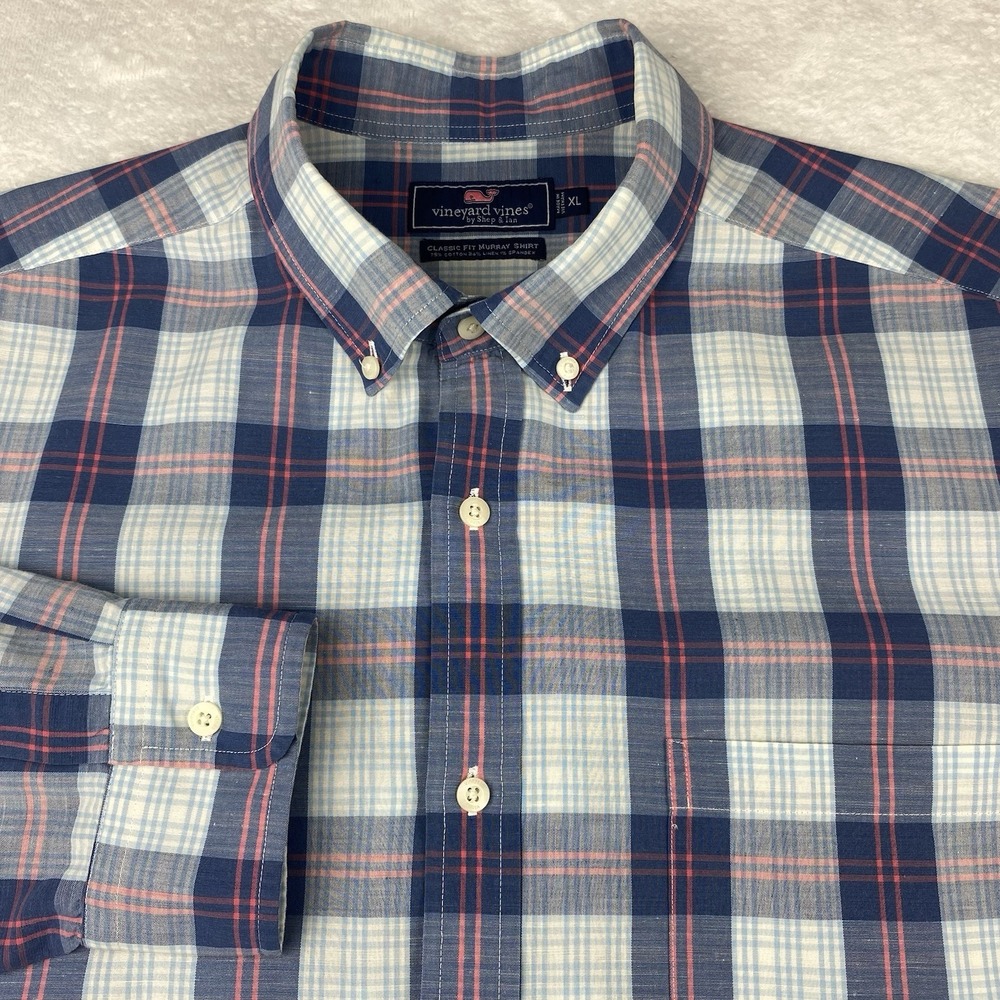 Vineyard Vines Classic Fit Murray Shirt Mens XL Blue/Pink Plaid Cotton/Linen